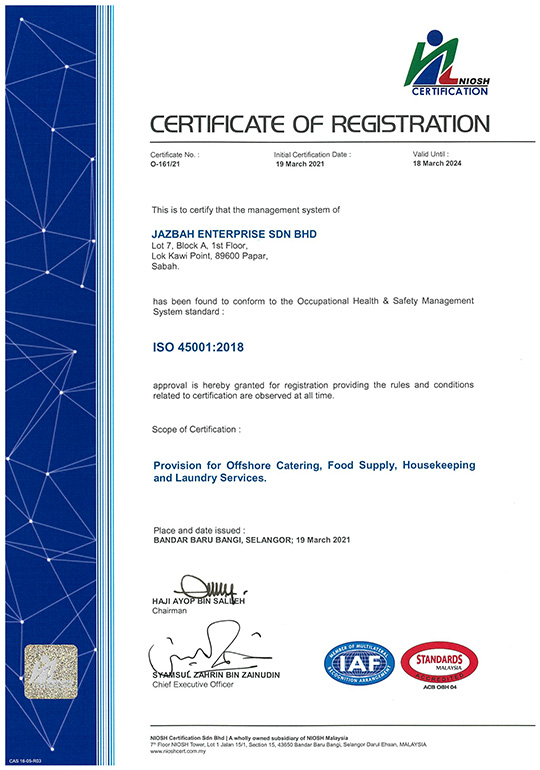 NIOSH CERTIFICATE OF REGISTRATION - ISO 45001:2018