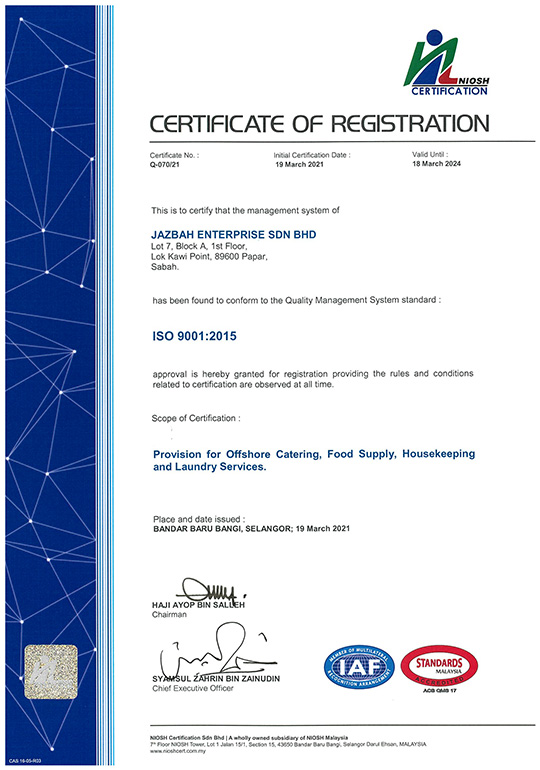 NIOSH CERTIFICATE OF REGISTRATION - ISO 9001:2015